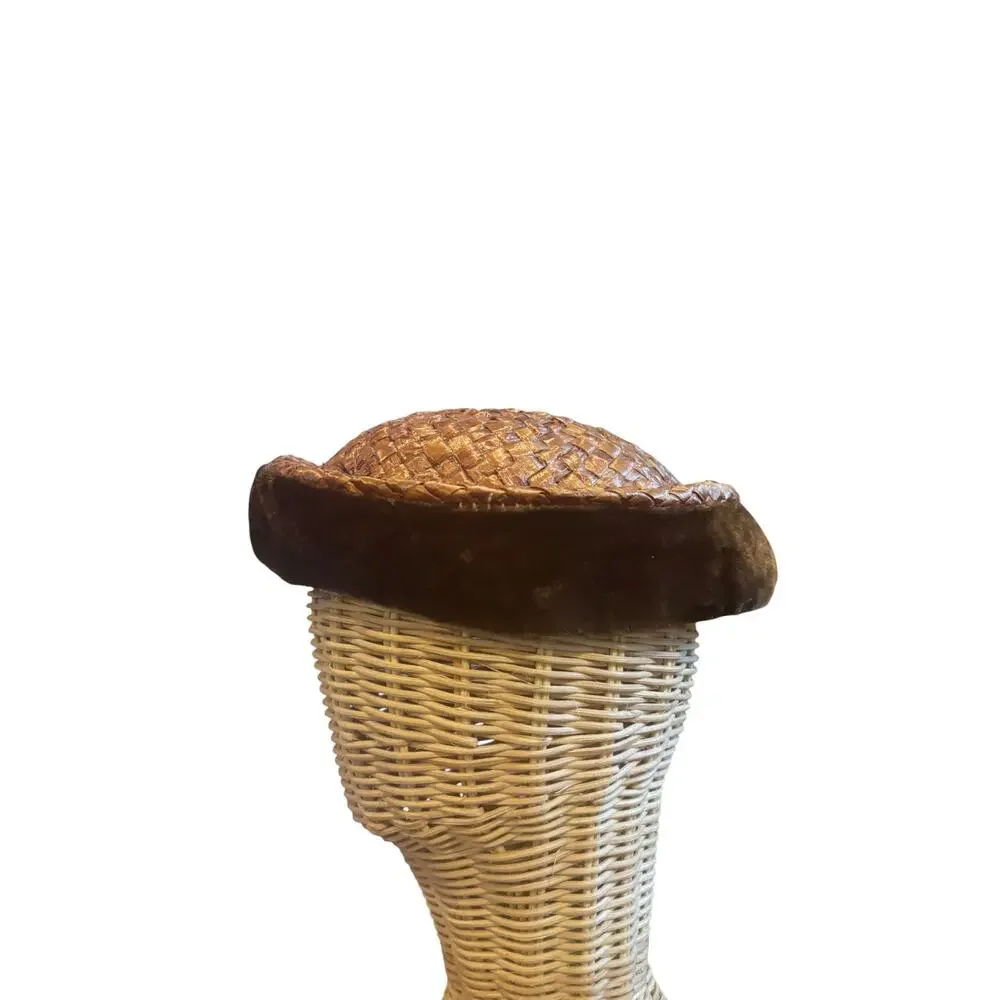 40s Brown Velvet Trim Woven Straw Tilt Hat Cocktail Fascinator Size 22